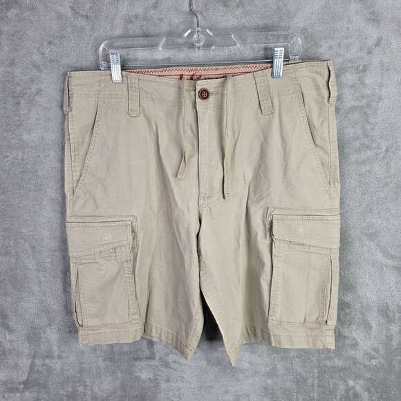 Mens Red Camel Beige Cargo Shorts Cotton Stretch 11" Inseam Drawstring Size 36 - Picture 2 of 10